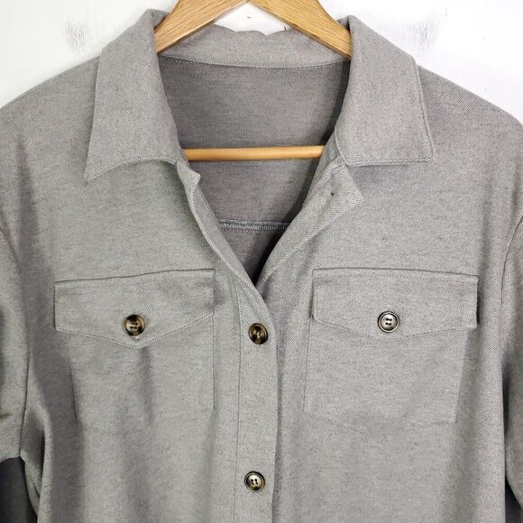 Womens Shacket L Gray Button Front Casual Oversized Fit Collar Weekend - Picture 2 of 7